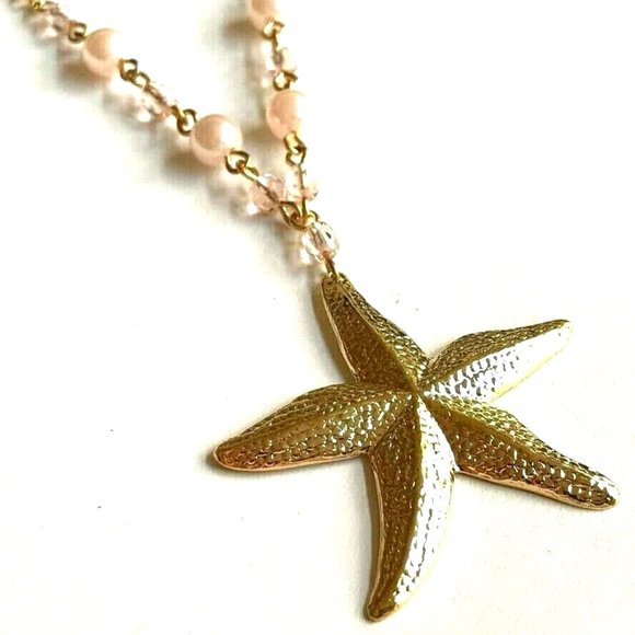 Pearl Starfish Necklace Gold Plated Pink Sea Life Nautical Island Beach 18" - Picture 1 of 9